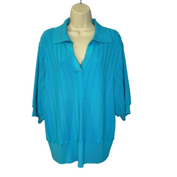 Talbots Johnny Collar Knit Polo Sweater Short Sleeve Textured Chevron Blue XL - Picture 2 of 9